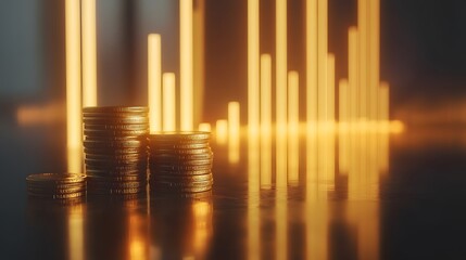 Glowing Financial Growth with Gold Coins and Bright Bar Chart