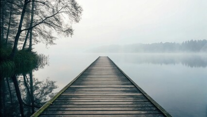 Fototapeta premium A wooden pier extends into a calm, misty lake on a quiet morning