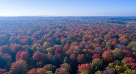A photorealistic aerial view of a forest canopy in vibrant fall colors