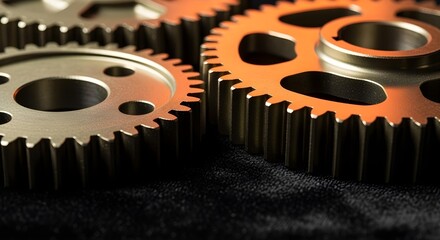 A photorealistic close-up of interlocking steel gears in motion