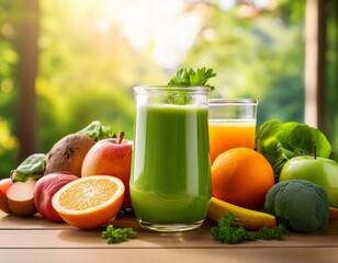 Fototapeta premium clean banner layout of detox smoothie with fresh produce in bright natural scene