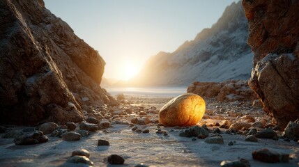 Stunning Sunrise Over a Snow-Covered Mountain Range Surrounded by Fog and Rocky Terrain Capturing the Essence of Nature's Beauty
