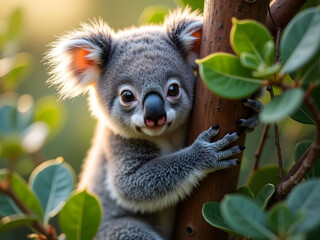Obraz premium Enchanting Portrait of a Tender Baby Koala, Soft Gray and White Fur Fluff Nestled Among Lush Green Leaves in Natural Habitat