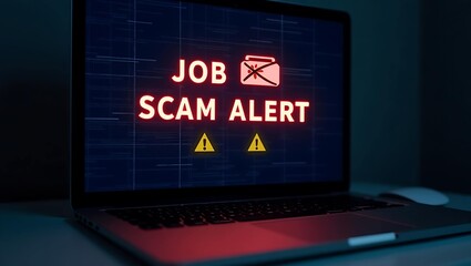 A laptop screen displays a vivid 'Job Scam Alert' message, emphasizing the importance of online job safety.