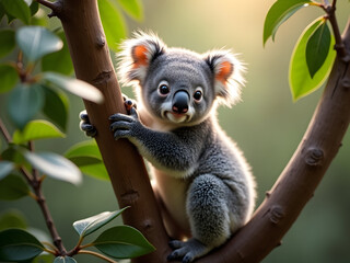 Obraz premium Enchanting portrait of an adorable baby koala with its delicate fur, gently perched on a tree branch, radiating innocence and charm