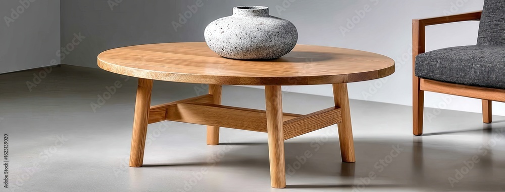 Poster a small wooden table supports a clay vase, creating a simple yet elegant display against a bright, m