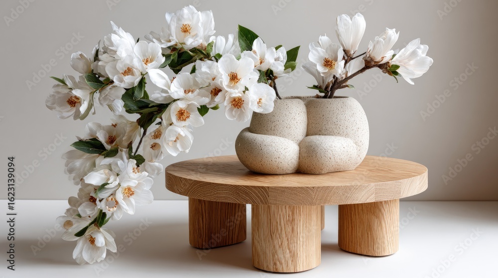 Poster a small wooden table supports a clay vase, creating a simple yet elegant display against a bright, m