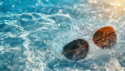 a pair of sunglasses plunges into clear turquoise water creating a vibrant splash and shimmering light reflections.