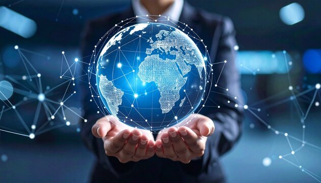 World Globe Technology Concept with Futuristic Network Connection data analysis social media marketing digital software development teamwork and business strategy internet technology concept.