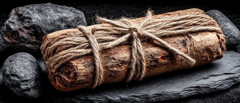 Aged artifact wrapped in twine