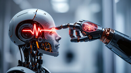 Futuristic cyborg mind interface with a robotic hand transferring a glowing neural signal, a concept of advanced AI and machine learning.