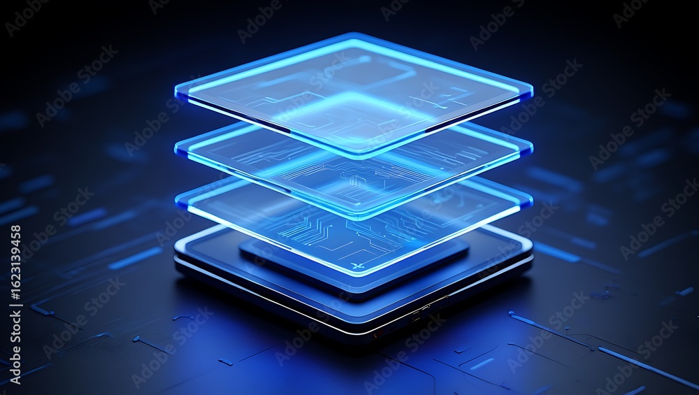 Poster abstract futuristic blue neon layers stacked with digital circuitry patterns on dark background