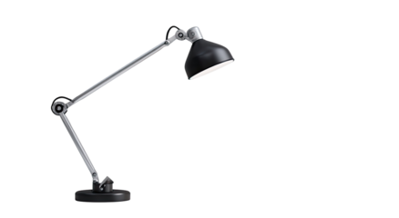Adjustable desk lamp with a black shade and a gray metal arm