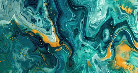 Abstract fluid art featuring swirling turquoise and gold patterns.