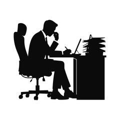 Silhouette of a businessman working at a desk with a laptop and stacks of paper