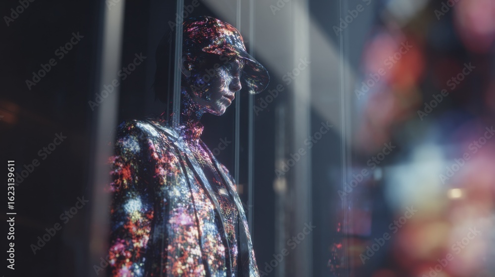 Poster sharp medium shot of an aidriven closet projecting dynamic clothing patterns onto a model the surrou