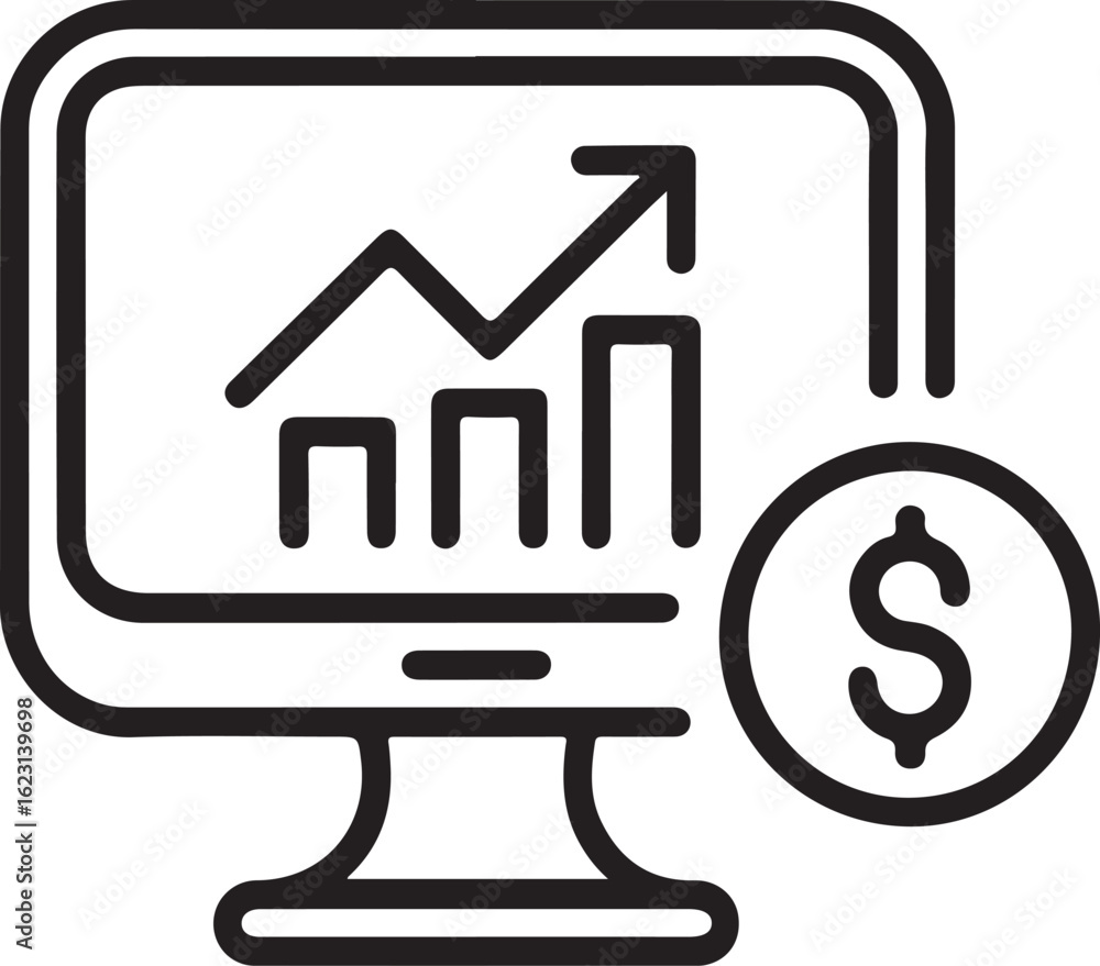 Poster computer screen displaying financial growth chart with upward arrow and dollar sign
