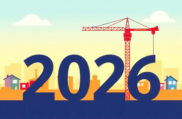 The numbers 2026 against construction cranes and houses in the background, symbolizing growth and development.