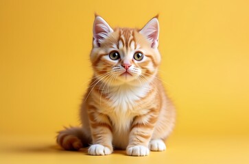 Fototapeta premium Cute Orange Tabby Kitten Sitting on Yellow Background ai generated