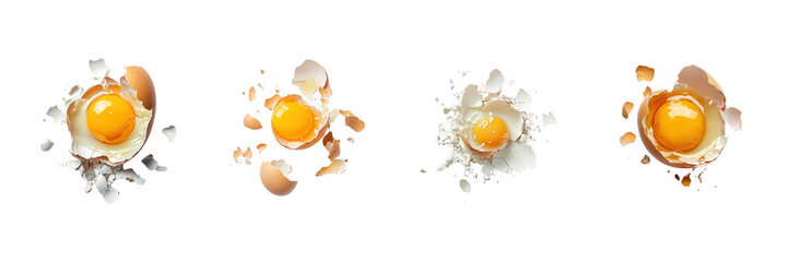 A cracked egg with the yolk intact, surrounded by shell fragments, isolated on a transparent background