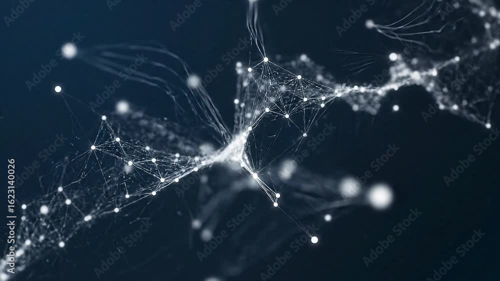 Poster abstract digital network connections flowing through dark space, technology and data visualization c