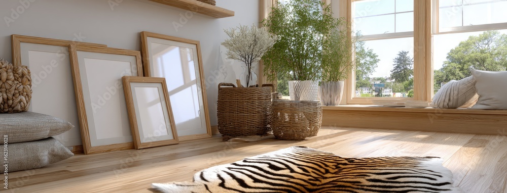 Poster two large wooden frames with blank canvases rest on the floor of a bright, minimalist room with sunl