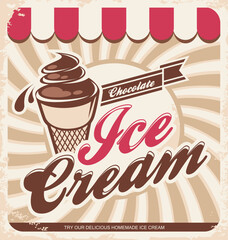 Retro ice cream poster with chocolate swirl cone illustration and vintage typography in nostalgic advertising style