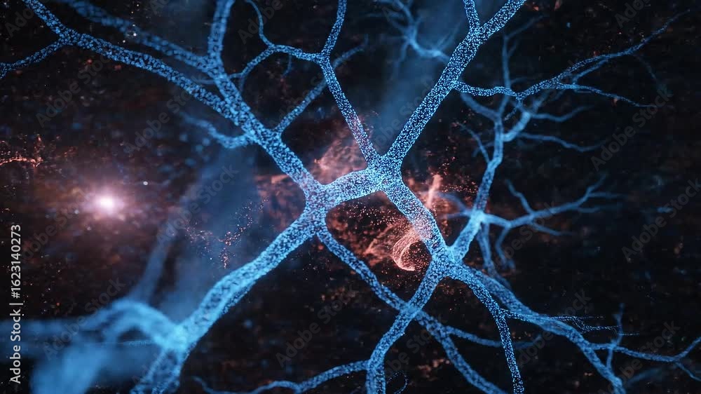 Poster abstract neural network animation showing brain activity and data connections, advanced ai technolog