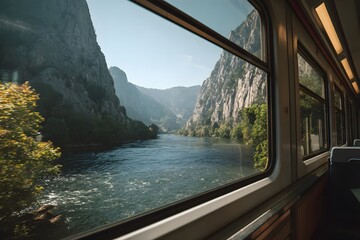 Scenic river gorge view from train window