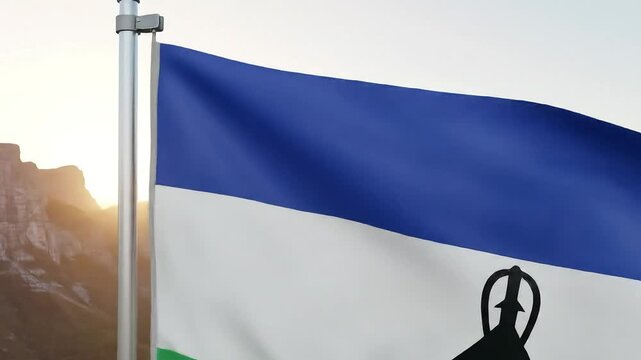 Dynamic Lesotho flag waving proudly in the wind, national symbol of African country