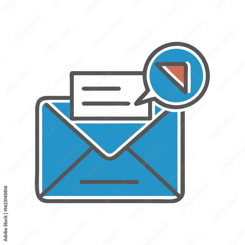 Poster email notification icon featuring an envelope and notification bubble in blue on a white background