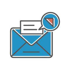Email notification icon featuring an envelope and notification bubble in blue on a white background