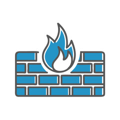 Firewall icon featuring a brick wall and flames, representing network security in blue on a white background