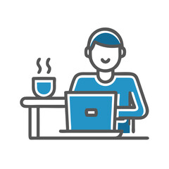 Freelancer working on a laptop in a coffee shop with a cup of coffee in blue on a white background