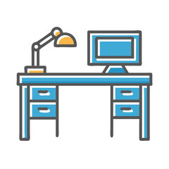 Home office desk with computer and lamp in a modern style, bright colors, copy space