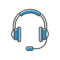 Headset with microphone icon designed for communication and audio in blue on a white background