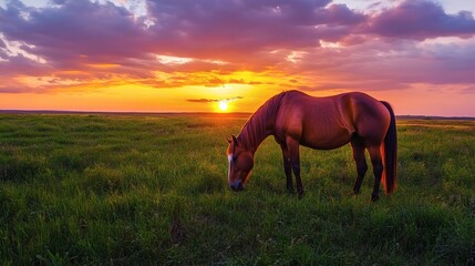 A horse grazes peacefully in a field at sunset.