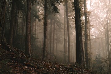 Foggy forest with tall pine trees