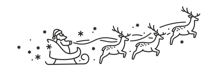 Santa claus in reindeer sled, christmas decoration icon, sleigh ride, linear vector silhouette