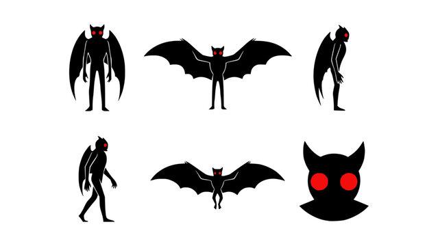 The silhouette illustration of a mothman creature with bat wings and glowing red eyes