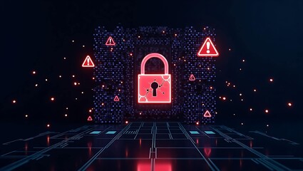 A digital lock surrounded by warning icons symbolizes cybersecurity threats and data protection.