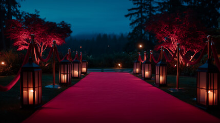 Elegant outdoor film premiere with a glowing movie screen, velvet ropes, decorative lanterns, and an excited audience enjoying the ambiance under the stars outdoor movie premiere,