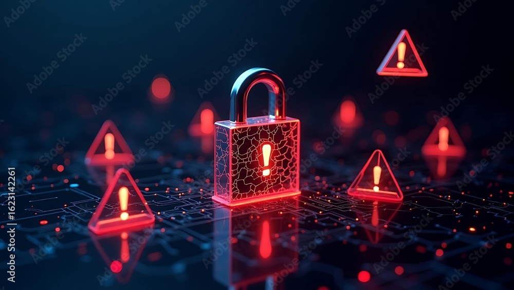 Poster a digital padlock surrounded by warning symbols in a futuristic, dark-themed setting, emphasizing cy