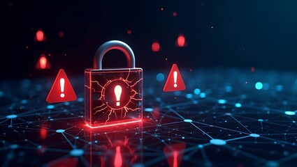 A futuristic digital lock with warning signs, symbolizing cybersecurity threats and data protection.
