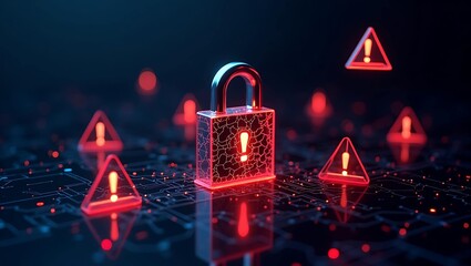 A digital padlock surrounded by warning symbols in a futuristic, dark-themed setting, emphasizing cybersecurity concepts.