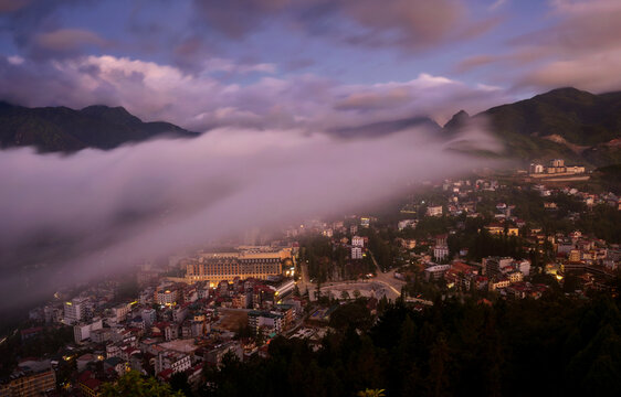 Aerial view of Sapa (Sa Pa) in the Hoang Lien Son Mountains at sunrise, North Vietnam, Vietnam