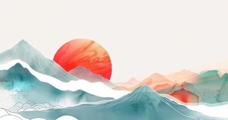 Abstract landscape with mountains and a large red sun, featuring soft colors and flowing lines.