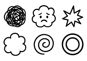 Collection of doodle style drawings including a sad cloud and a spiral shape