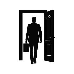 Fototapeta premium Silhouette of a businessman walking through an open doorway with a briefcase