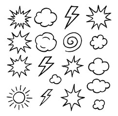 Collection of hand drawn weather elements including clouds sun and lightning bolts